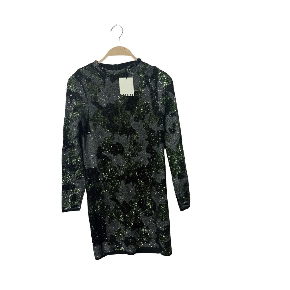 Zara Sequin Mini Sheath Dress Green Black Metallic Long Sleeve Size M